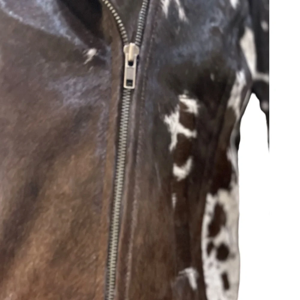 NEW CUSTOM London Fringe Dappled Pony Print Hair Calf Moto Jacket Black Brown L - Picture 6 of 11